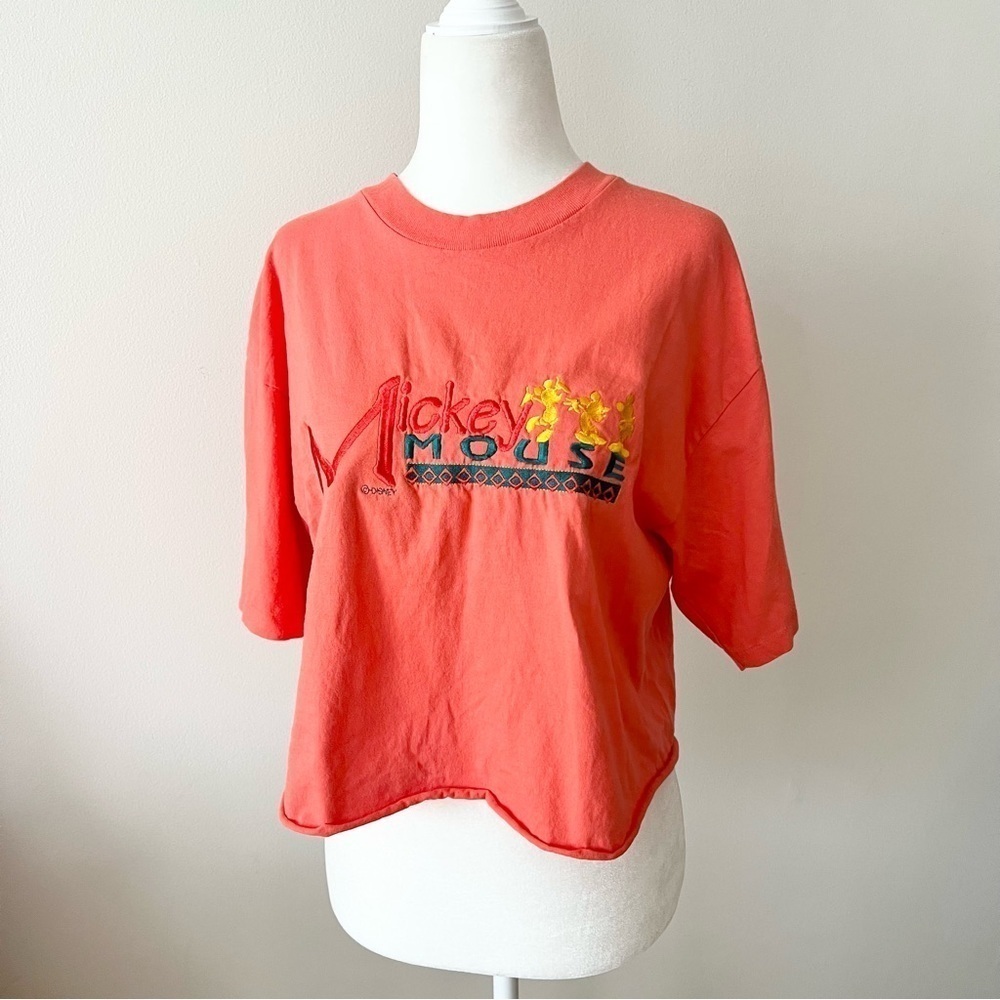 Vintage Disney Mickey Mouse Embroidered Coral Cropped Tee